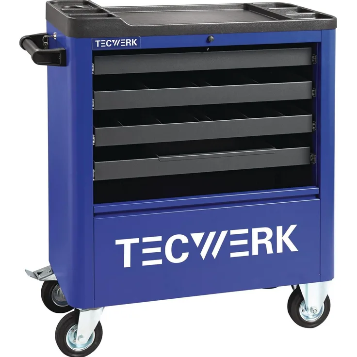 Tecwerk Werkzeugwagen + Montagewagen, robuster Werkstattwagen mit 4 beidseitig herausziehbaren Schubladen, abschließbar, pulverbeschichtet, große Arbeitsplatte, 300 kg Tragfähigkeit