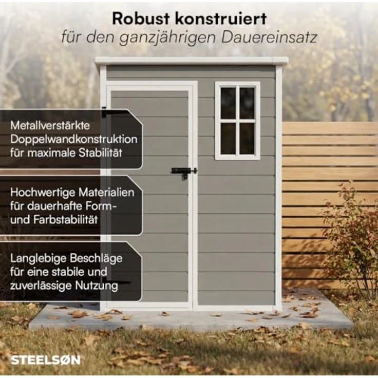 STEELSØN Gerätehaus Novara aus Aluminium, Geräteschuppen wasserdicht, wetterbeständing, Gartenhaus mit Pultdach, Außenmaß 151x92x192,5 cm grau – Bild 4