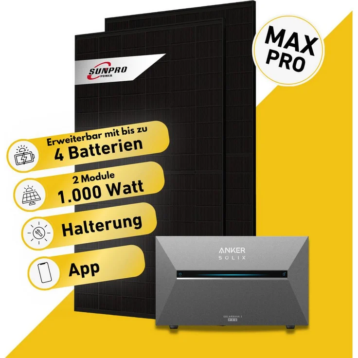 Balkonstrom Balkonkraftwerk MAX Pro 1000 Watt, Solaranlage mit 2x 500 W Bifazialmodulen, Anker E2700 Speicher, Halterung für Balkon und Fassade, erweiterbar mit BP2700 Zusatzspeichern