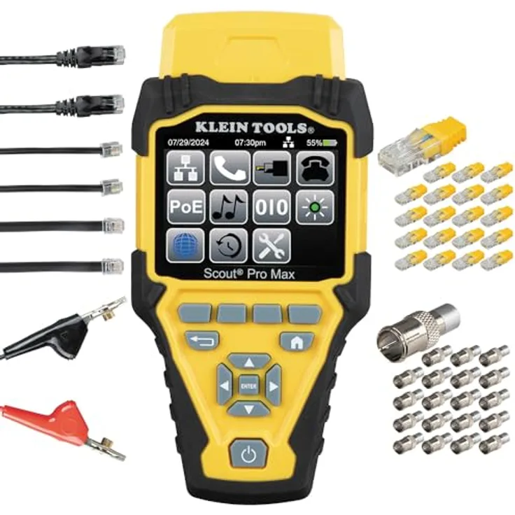 Klein Tools Scout Pro Max, Multimeter & Kabeltester mit TDR-Technologie, RJ11/RJ12/RJ45/F-Stecker, CSV-Datenspeicherung, bis zu 20 RJ45-/Koax-F Buchsen identifizierbar