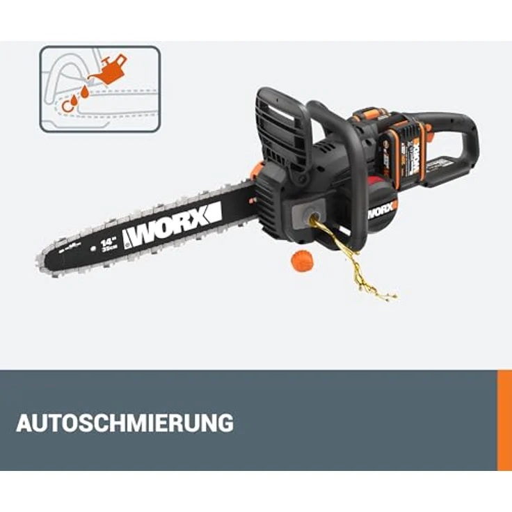 WORX 40V Akku Kettensäge WG384E, 2 x 2,0Ah, Powershare, Bürstenloser Motor, Werkzeugloses Kettenspannsystem, Schnellstopp-kettenbremse, Dual- ladegerät, 35cm Stablänge, 2 x 18V – Bild 4