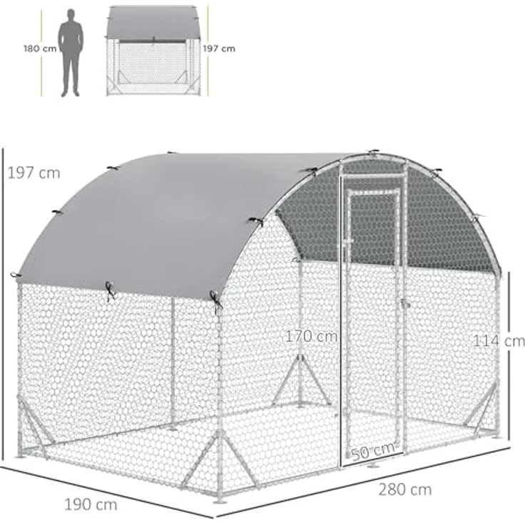 PawHut Hühnerstall aus Stahl, 280 x 190 x 197 cm, mit UV-beständiger Abdeckung, abschließbarer Tür, für 4-6 Hühner, silber – Bild 7