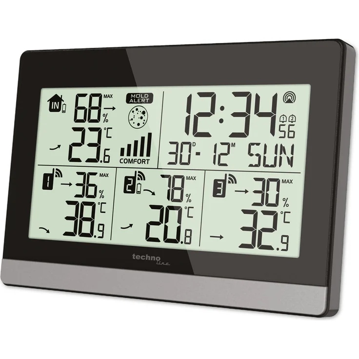 Technoline WS 7065 Wetterstation, Schwarz, mit Raumkomfort- und Schimmelwarnanzeige, DCF-77 Funkuhr