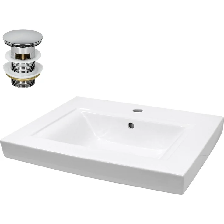 ECD Germany Waschbecken Waschtisch, 605x465x160mm Keramik in Weiß mit Ablaufgarnitur und Push-Open-Technologie
