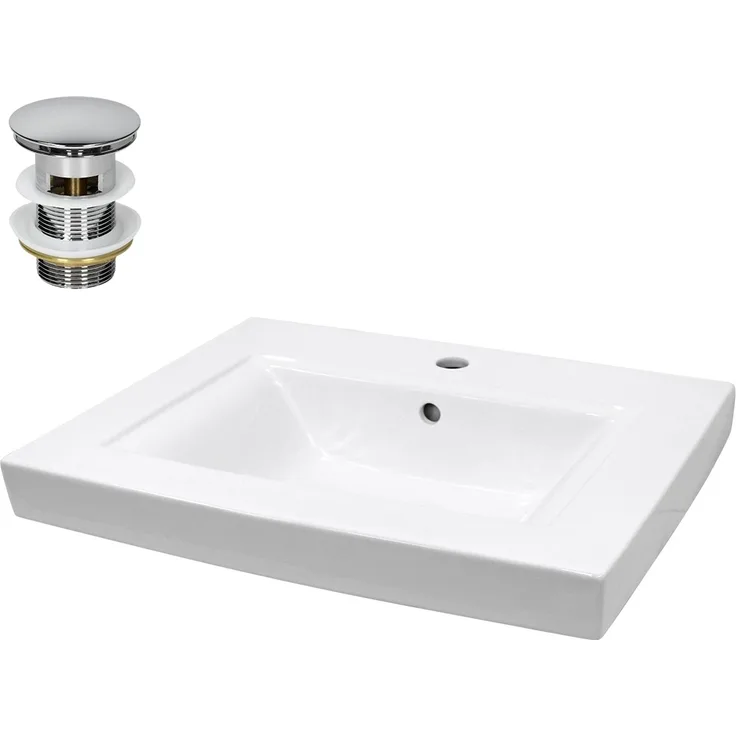ECD Germany Waschbecken Waschtisch, 605x465x160mm Keramik in Weiß mit Ablaufgarnitur und Push-Open-Technologie