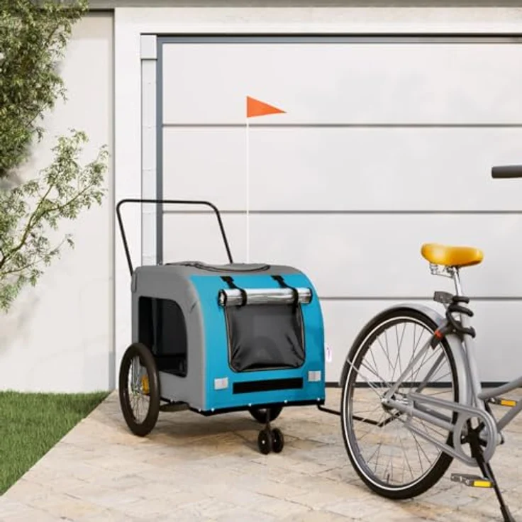 vidaXL Hunde-Transportbox Fahrradanhänger Hunde Blau und Grau Oxford-Gewebe und Eisen, Robuster Rahmen, PVC-Dach, Maximale Tragfähigkeit 45 kg – Bild 2