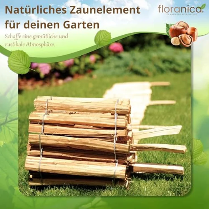 Pemicont Floranica Haselnuss Staketenzaun 35 cm hoch, biologisch abbaubarer Gartenzaun mit 8-10 cm Lattenabstand, handgefertigter Holz Jägerzaun für Teiche und Beete – Bild 4