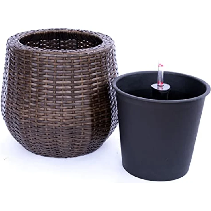 Elegant Einrichten Übertopf, runder Pflanzkübel aus Polyrattan, mocca farben, 35x32 cm, UV-beständig, frostsicher – Bild 7