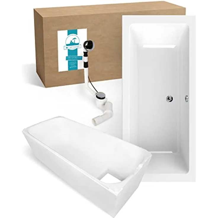 Calmwaters® Premium Badewanne Komplettset 180x80 cm mit Wannenträger & Ablaufgarnitur, Made in EU, Duobadewanne für 2, Set Acryl-Badewanne rechteckig, Moderne Rechteck Badewanne 180 x 80 cm, Weiß – Bild 1