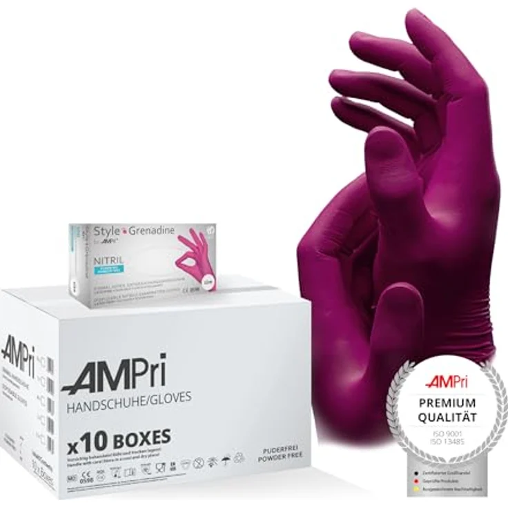AMPri Nitrilhandschuhe Grenadine, magenta/pink, 10 Boxen à 100 Stück, Größe XS, puderfrei, langlebig und hautfreundlich – Bild 1