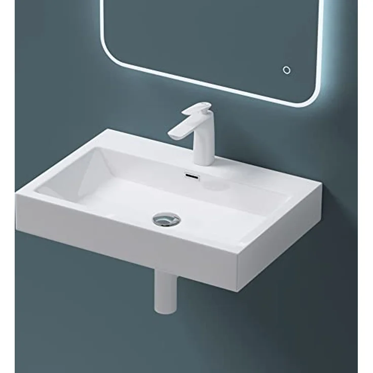 Mai & Mai Breite: 60cm Waschbecken Aufsatz-Waschschale Hänge-Becken Mineralguss in weiß 1 Armaturenloch Bad Eckig Col06 – Bild 5