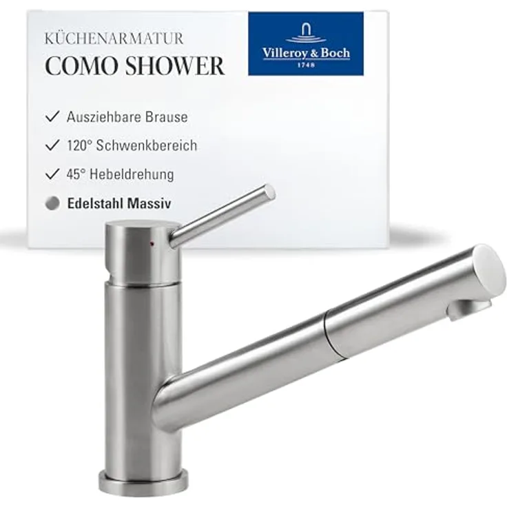Villeroy & Boch Como Shower, Hochdruck-Küchenarmatur mit ausziehbarer Brause, flexibler Brauseschlauch, wassersparend, Edelstahl massiv mit Anschlussschlauch & Befestigungssatz