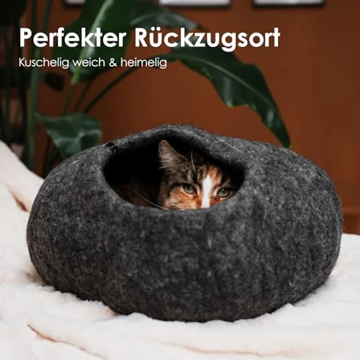 LucyBalu® Premium Katzenhöhle aus Filz, handgefertigt in Nepal, 100% Schafwolle, grau, 45x45x28 cm, geruchsneutral und antistatisch – Bild 2