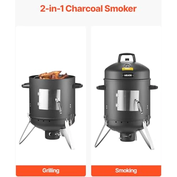 VEVOR Räuchertonne, 40 cm vertikaler Holzkohlegrill aus beschichtetem Stahl mit 2 Grillrosten, Thermometer und herausnehmbarer Ascheschale, BBQ Räucherofen für Grillpartys – Bild 2