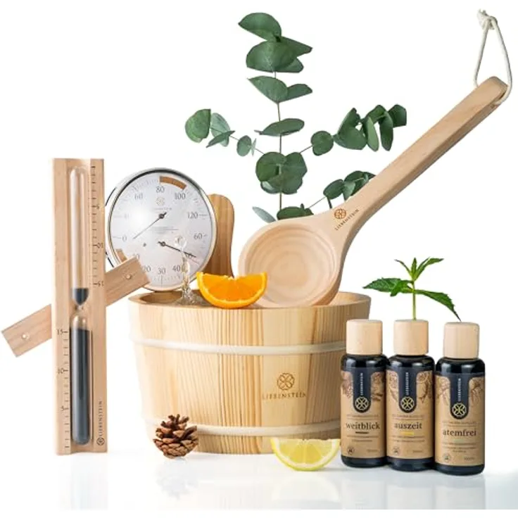 Liebenstein Sauna-Aufgussset, 4-teiliges Komplettset mit 4 l Kübel, Kelle aus Finnischem Kiefernholz, 3 Bio-Aufgüsse und Thermo-/Hygrometer