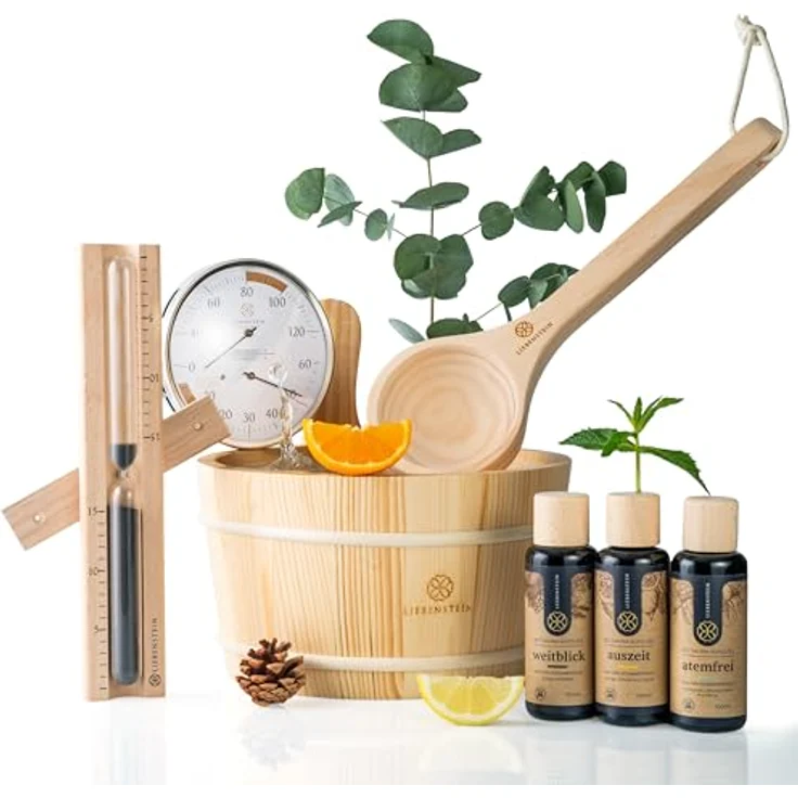 Liebenstein Sauna-Aufgussset, 4-teiliges Komplettset mit 4 l Kübel, Kelle aus Finnischem Kiefernholz, 3 Bio-Aufgüsse und Thermo-/Hygrometer – Bild 1
