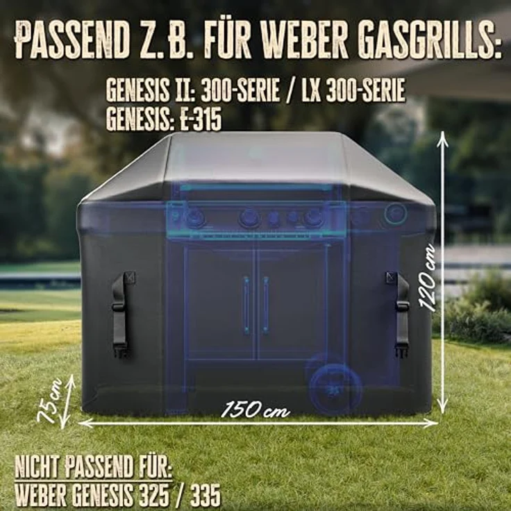 AMZBBQ® Premium Grillabdeckung wetterfest, 150 x 120 x 75 cm, 100% wasserdichte Abdeckhaube für Gasgrill, passend für Weber Genesis II 300 Serie/Rösle Videro G4/Enders Boston & Monroe Pro 4 – Bild 2