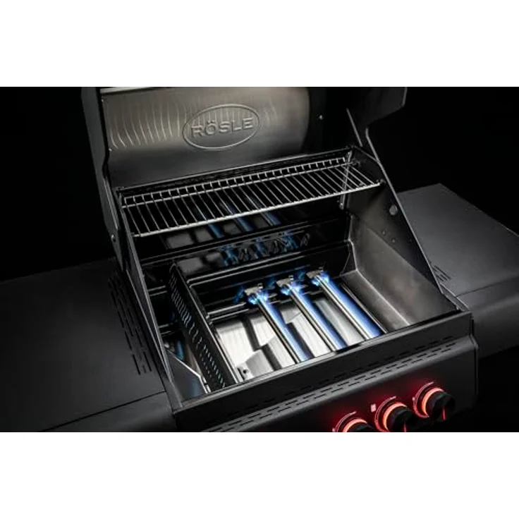 RÖSLE Gasgrill Allflame Peer 3 - 3 Brenner, CRISPZONE bis 450 °C, Gusseisenroste, Alu-Druckguss, Glaseinsatz, klappbare Seitentische, schwarz – Bild 5