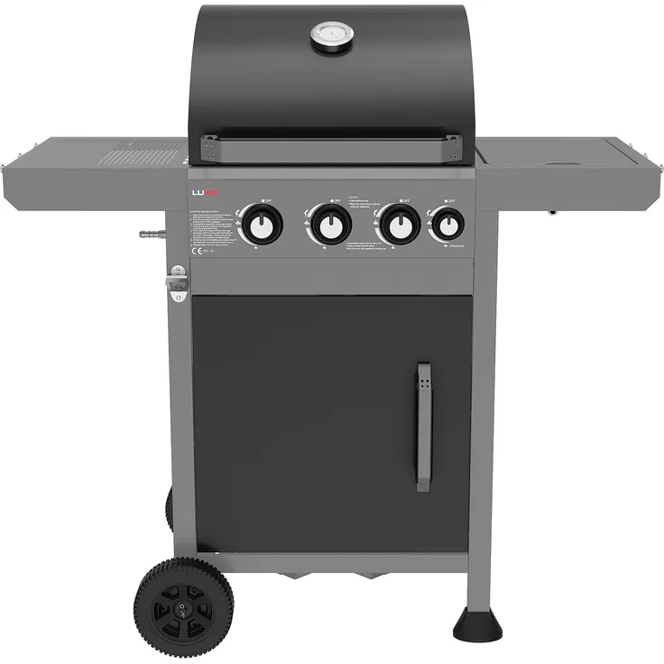 TRIZERATOP Gasgrill mit 3 Hauptbrennern, Seitenbrenner und Gusseisenrost, 11,5 kW, Edelstahl und emaillierter Stahl