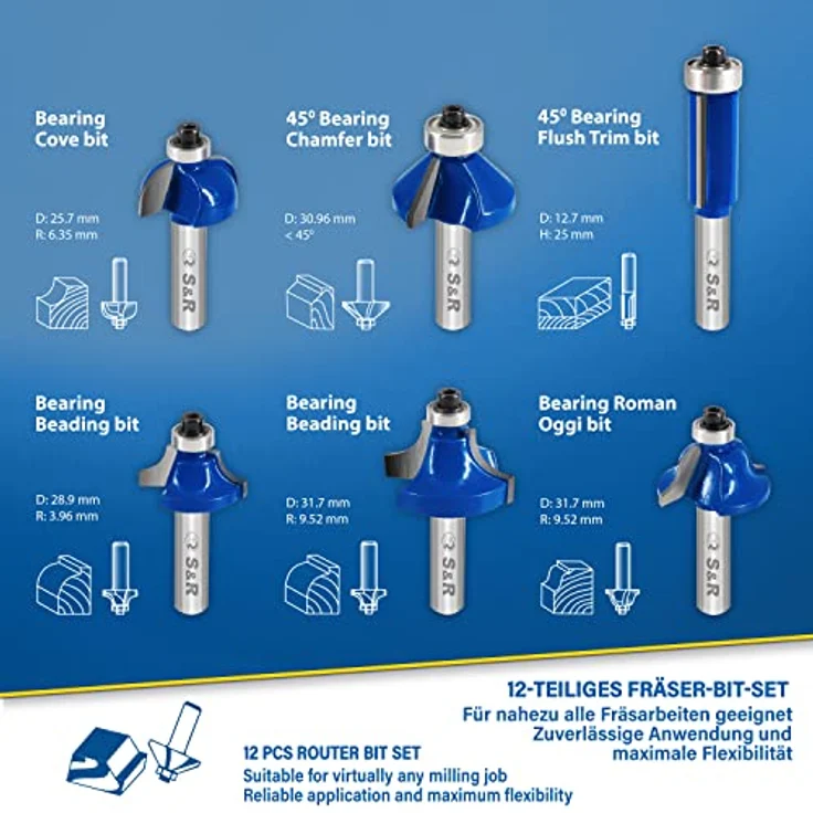 S&R Fräser-Set HM für Oberfräsen, 12 tlg, Zylindrischer Schaft 8 mm, präzise Hartmetall Schneideplatten, Holzfräs-Bits aus geschmiedetem Werkzeugstahl, in Holzbox, Fräser für Kantenfräse, Holzfräse – Bild 2