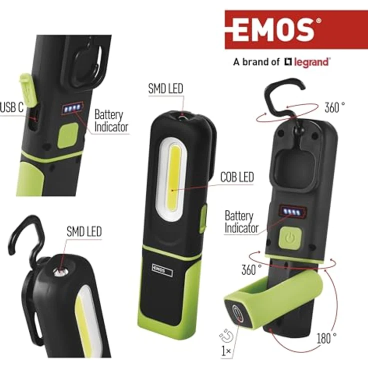 EMOS LED-Arbeitsleuchte, wasserdicht, aufladbar, 330 lm, 45 m Leuchtweite, 1200 mAh Akku, USB-Kabel, 3 Lichtmodi – Bild 3