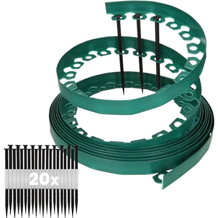 GARDENIX Flexible Rasenkante Kunststoff, wetterbeständige Beeteinfassung rund in Grün, 10 m, 20 Erdanker, 4 cm Höhe – Bild 1
