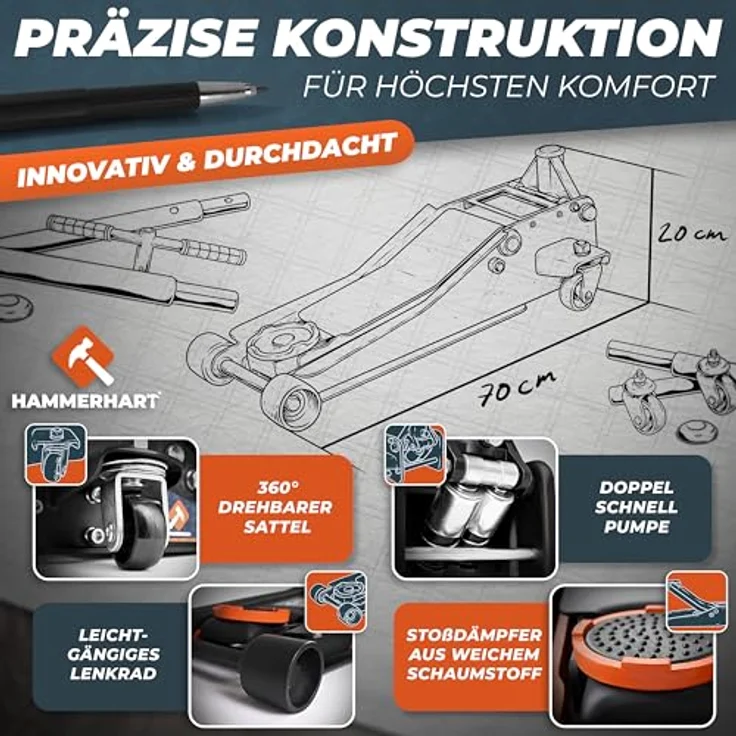 HAMMERHART Hydraulischer Wagenheber 3T, Premium Rangierwagenheber TÜV geprüft mit 75-500mm Hubhöhe, flach mit 360° Rollen & Doppelkolben, inkl. Gummiauflage und T-Griff – Bild 5