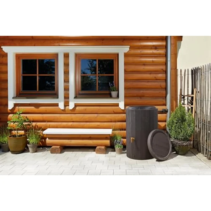 4rain Regentonne MADERA SET - braun - 220L Regenwasserspeicher mit Auslaufhahn und Fallrohranschluss, Holzoptik, nachhaltige Gartenbewässerung, Made in Germany – Bild 3