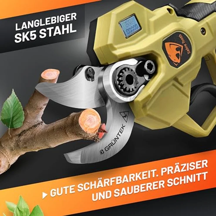 GRÜNTEK Akku Astschere 21V 2Ah Brushless, 400W bürstenloser Motor, SK5 Klinge, bis 30 mm Schnittdurchmesser, mit LCD-Display und Komplett-Set im Koffer – Bild 4