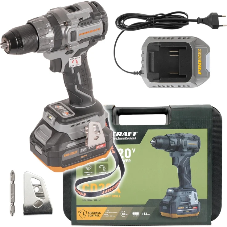 Procraft Industrial CD20A Akku Schlagbohrschrauber, 20 V, 85 Nm, inkl. 4,0 Ah Akku, Ladegerät und Koffer