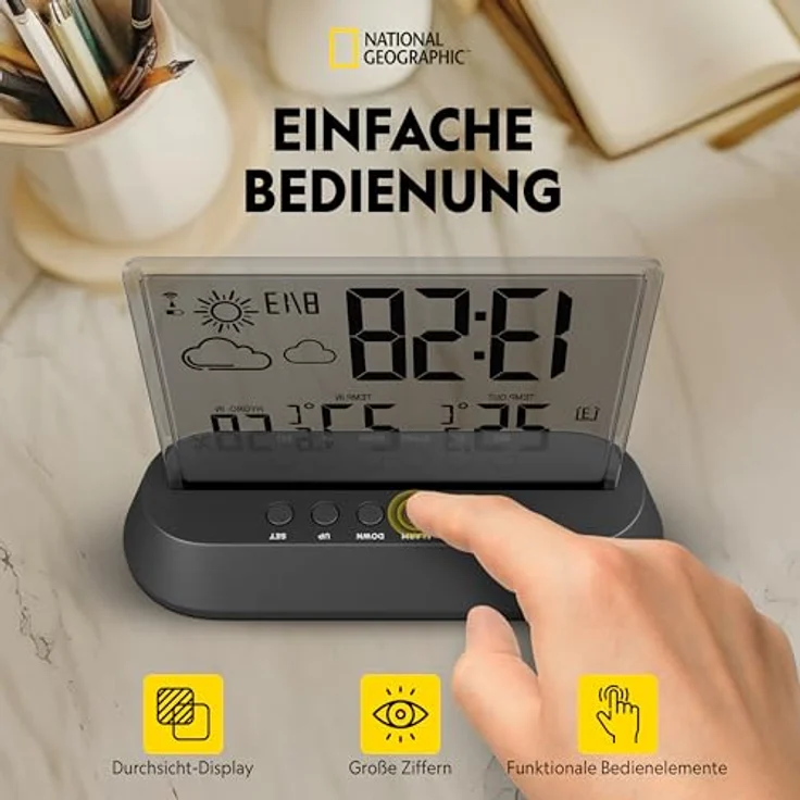 National Geographic Wetterstation, Funkwetterstation mit transparentem Display und Schlummerfunktion, Schwarz – Bild 4