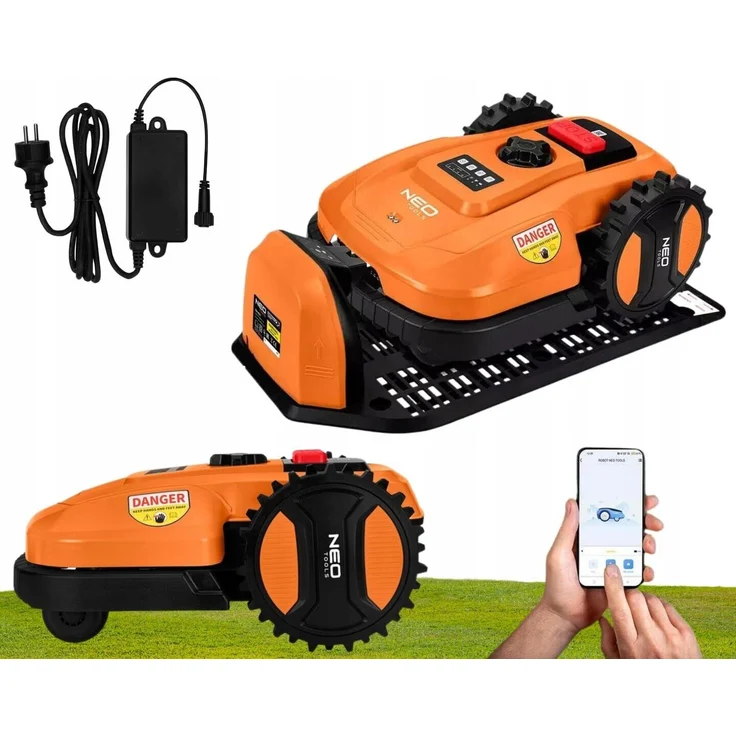 NEO TOOLS Mähroboter 04-621, mit Austauschbarem Akku für Gärten bis 600 m², Smartphone-Steuerung, inkl. Ladestation und 100m Grenzkabel, 18 V DC