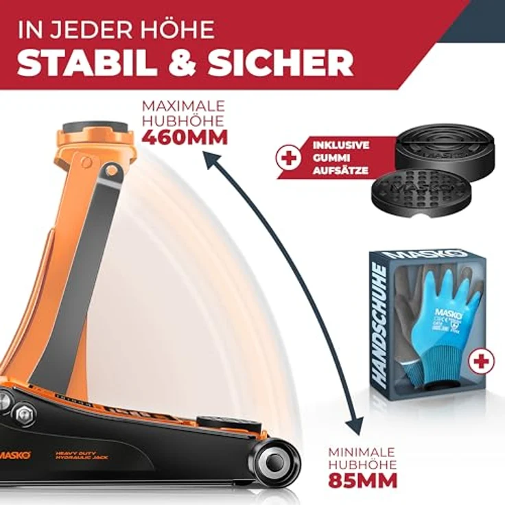 Masko Wagenheber hydraulisch 3 Tonnen Flache Hubhöhe + 2x Gummiauflage + Handschuhe KFZ Rangierwagenheber hydraulischer 360° Rollen Heber Unterstellbock – Bild 5