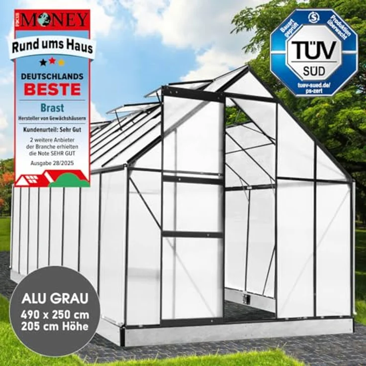 BRAST Gewächshaus Aluminium mit Fundament, TÜV geprüft, 6mm Hohlkammerplatten, rostfrei und wetterfest, 490x250x205cm, Grau – Bild 2