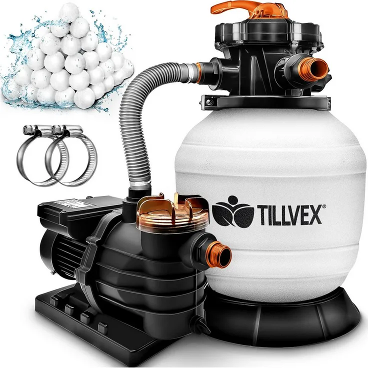 tillvex Sandfilteranlage 10 m³/h, Filteranlage mit 5-Wege Ventil und Druckanzeige, inkl. 800g Filterbälle für Pool und Schwimmbecken