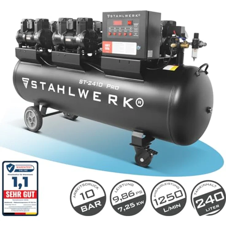 STAHLWERK Kompressor ST-2410 Pro, 10 bar, 240 L, 9,86 PS, 1250 l/min, ölfrei, leise mit 75 dB – Bild 2
