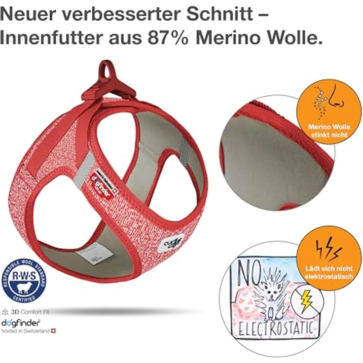 Curli Vest Harness Merino, ergonomisches Hundegeschirr mit 87 % Merinowolle, rot, Größe S – Bild 2