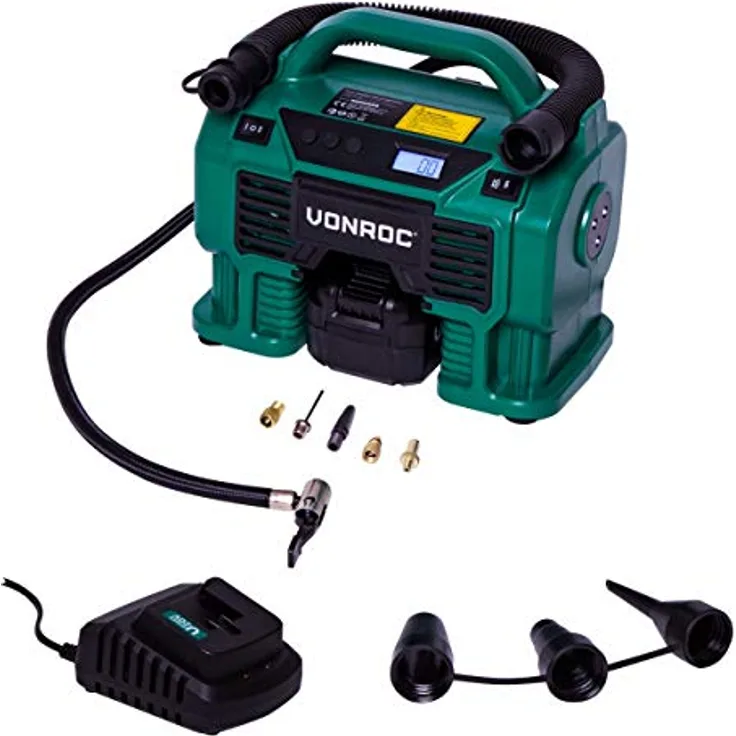 VONROC Akku-Kompressor VPower - 2-in-1 Multifunktions-Kompressor - Max. Arbeitsdruck 11 bar - Inkl. 8-teiligem Zubehör - Blau