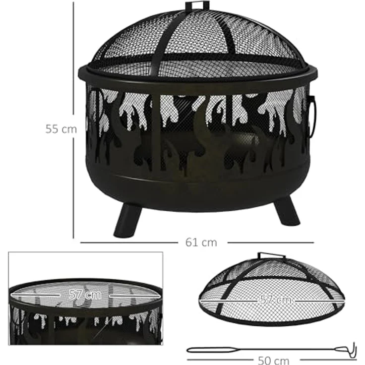 Outsunny 2-in-1 Feuerschale Feuerkorb Feuerstelle mit Funkenschutz Grillrost für Garten BBQ Metall Schwarz Ø61 x 55 cm – Bild 5
