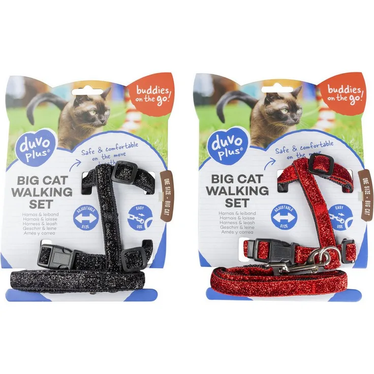 DUVO+ Geschirr Katzen-Spazierset Glitter groß, anpassbares Geschirr mit Nylonleine, verschiedene Farben verfügbar
