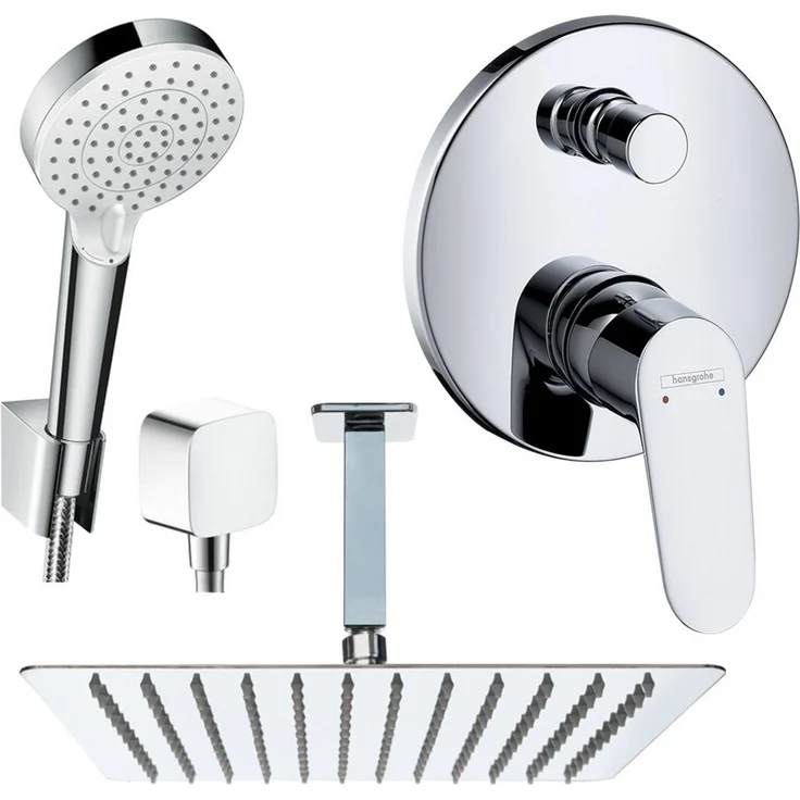 Hansgrohe und Jowi Unterputz Duschsystem mit Kopfbrause, Focus Mischer und Deckenanschluss, quadratische Metall-Kopfbrause, 250/300/360mm, polierter Edelstahl