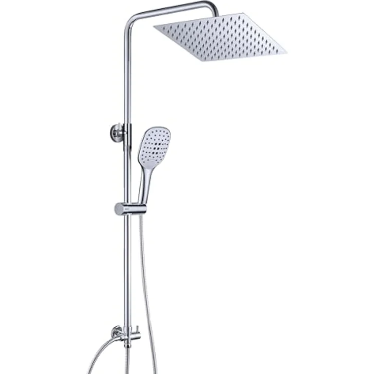 JOHO Edelstahl Duschset, Chrom Duschsystem ohne Armatur, XL Regenduschkopf 25x25cm, Handbrause mit 3 Strahlarten, wassersparend – Bild 1