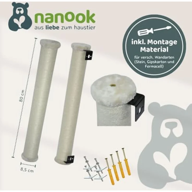 Nanook Katzen Kratzstamm Sisalstamm Kletterwand zur Wandmontage - 80 cm, stabiler Sisalstamm mit Plüsch Endkappen, unauffälliges Design – Bild 5