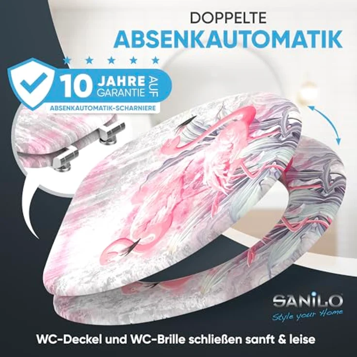 Sanilo WC Sitz Flamingo 2, Toilettendeckel aus Holz mit Absenkautomatik, antibakterieller Oberfläche, 47x37,7 cm – Bild 5