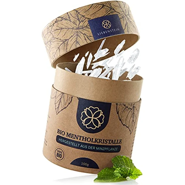 Liebenstein BIO Mentholkristalle, 100g - nachhaltige Verpackung, Holzdosierlöffel, 100% reine Minze, langanhaltendes erfrischendes Aroma – Bild 1