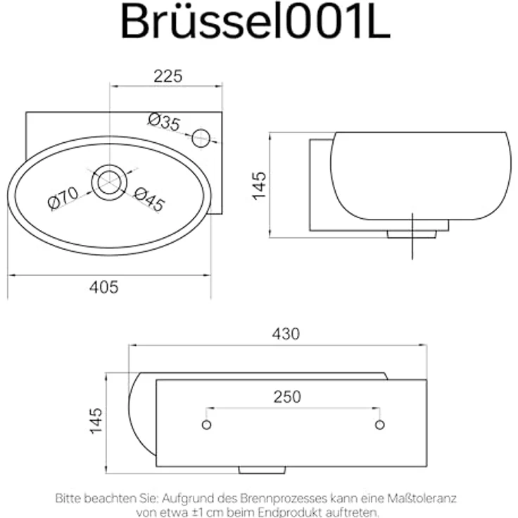 doporro Waschbecken Waschschale Keramik Wandmontage Brü001, Hängewaschbecken mit Lotus-Effekt, weiß – Bild 8