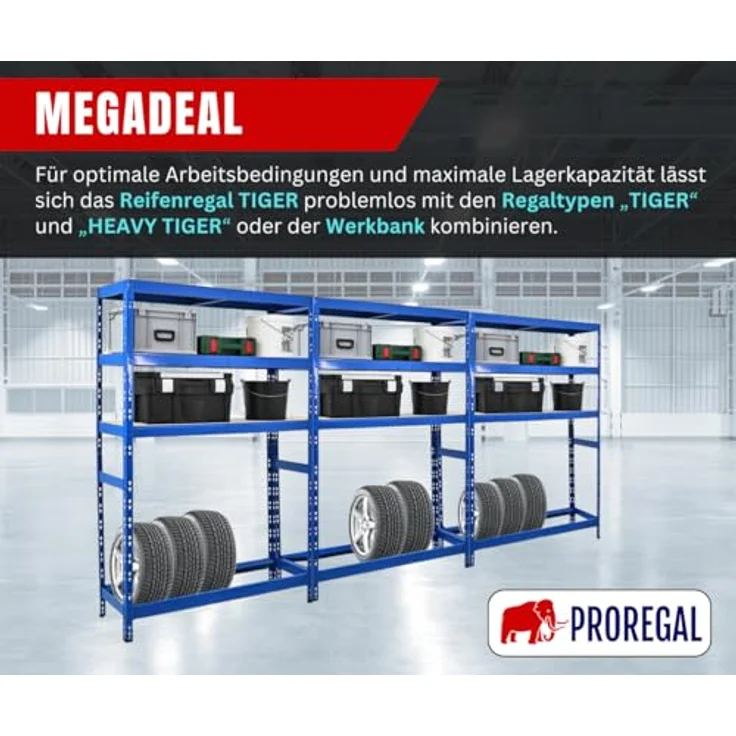Proregal Reifenregal Tiger mit Fachboden, Platz für 6 Reifen, verstellbare Einlagerungsebenen, blau, 180 x 120 x 40 cm – Bild 8