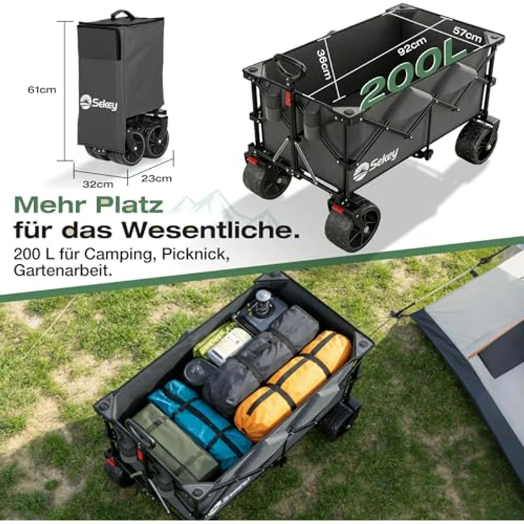 Sekey XXL Plus Bollerwagen, Faltbar mit 200L Volumen und 200KG Tragkraft, All-Terrain-Räder 17x10 cm, patentierter 4-Wege-Sofortaufbau, Anthrazit – Bild 5