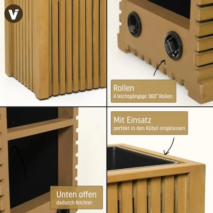 VIVANNO ELEMENTO Raumteiler Pflanzkübel aus Holz auf Rollen, Braun, 75x83x32 cm mit Einsatz für Innenbereiche – Bild 4