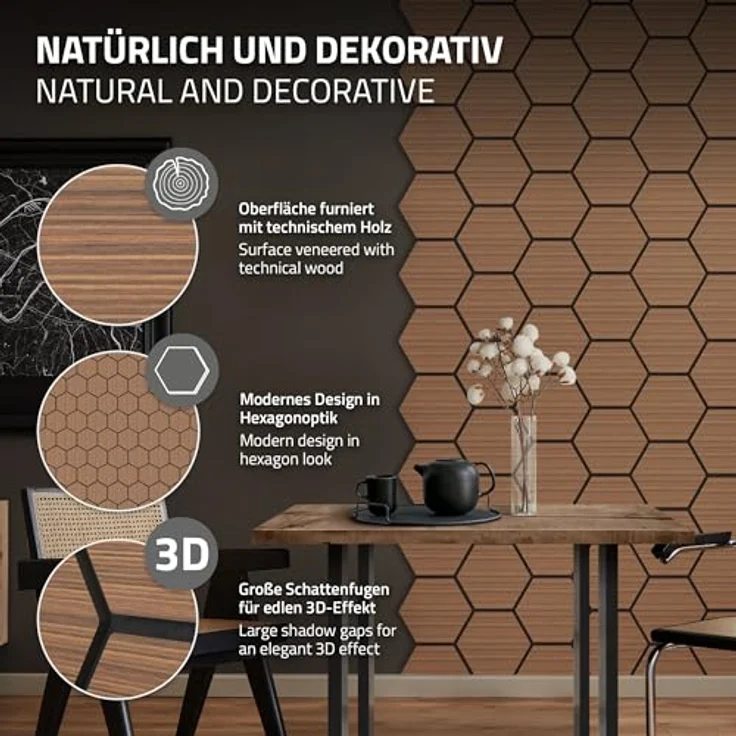 ML DESIGN Akustikpaneele 2er Set, 66x81x2cm in Teak, MDF Hexagon-Wandpaneele mit exzellenter Schallabsorption für Büro und Studio – Bild 3